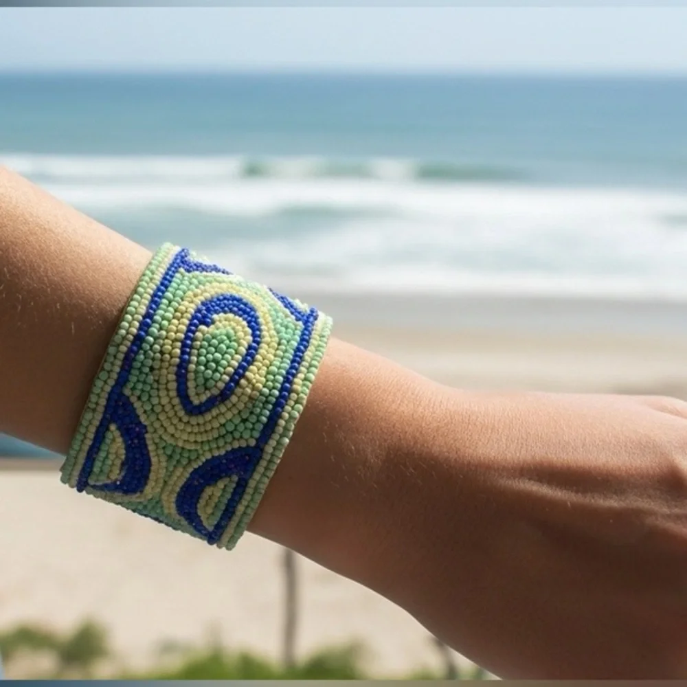 Beaded Cuff Bracelet / Blue&Green, w/covered interior fabric ๐๐ฉต๐ค - Picture 1 of 2